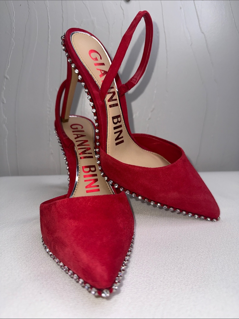 Gianni Bini red suede rhinestones-trimmed slingback pumps